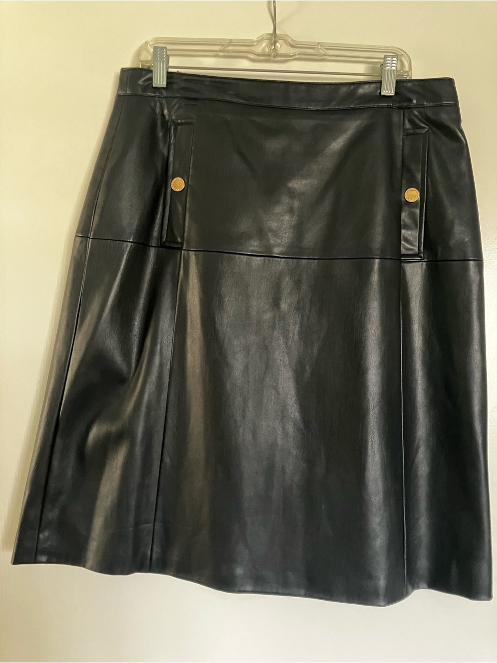 NWOT- Calvin Klein Black Faux Leather Skirt with Gold Zip